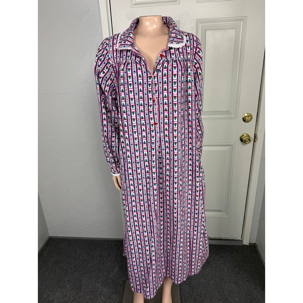 Lanz of Salzburg Night Dress Gown Flannel S Christmas tree Floral Cotton Lace V5